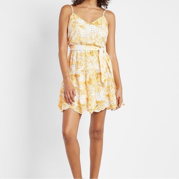 Express Yellow Eyelet V-neck Tie Waist Tiered Mini Dress Size - … - Picture 1 of 16